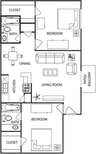 E - Two Bedroom / Two Bath - 880 Sq. Ft.*